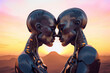 © ADDICTIVE STOCK - Creative generative AI illustration of side view of gay couple of cyborgs touching foreheads while embracing in desert against sunset sky