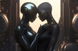 © ADDICTIVE STOCK - Generative AI illustration of couple of African American woman and female robot touching foreheads and embracing in futuristic room