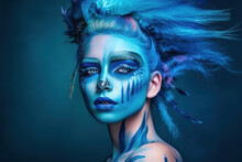 Generative AI Illustration Portrait Of Young Female Model With Bright Blue Dye Makeup On Flowing Hair With Face And Body Painted