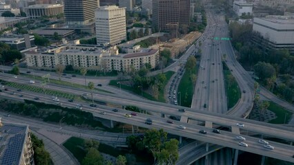 Poster - Aerial of the traffic on the interchange road with the cityscape of Los Angeles in the background