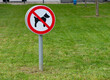 Close-up photo of a no dogs allowed sign on the grass 