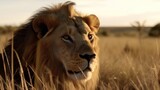 Fototapeta Sawanna - Male Lion in a cinematic savanna background with beautiful colors generative ai