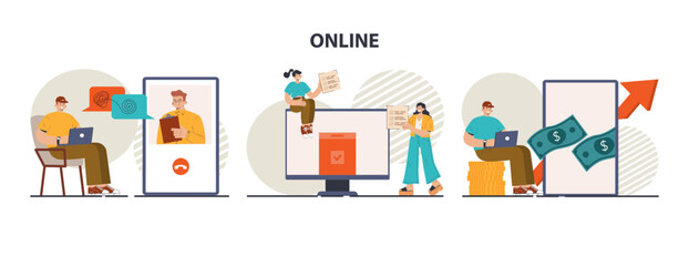 Wall Mural - different online services set. character using mobile apps and websites
