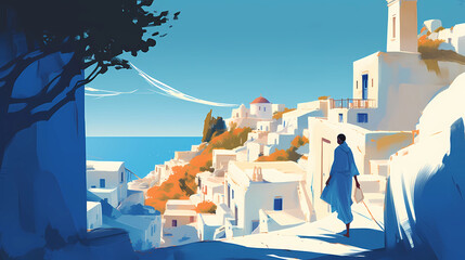 Wall Mural - Illustration of beautiful view of Santorini, Greece