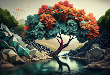 Poster - Beautiful abstract surreal tree. Generative AI technology.	
