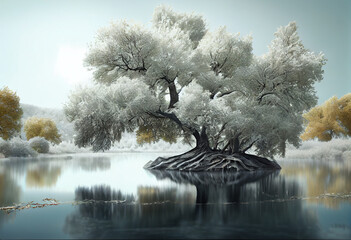 Poster - Beautiful photo forest tree and river. Generative AI technology.	
