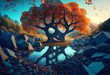 Poster - Beautiful photo forest tree and river. Generative AI technology.	
