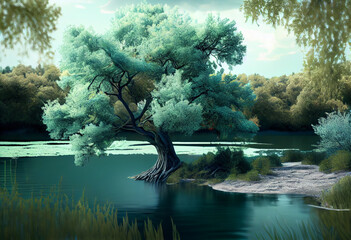Poster - Beautiful photo forest tree and river. Generative AI technology.	
