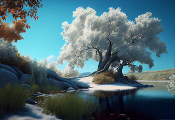 Poster - Beautiful photo forest tree and river. Generative AI technology.	
