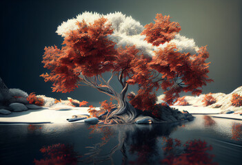 Poster - Beautiful photo forest tree and river. Generative AI technology.	
