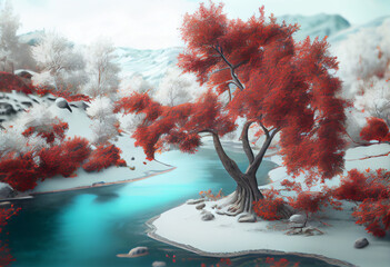Poster - Beautiful photo forest tree and river. Generative AI technology.	
