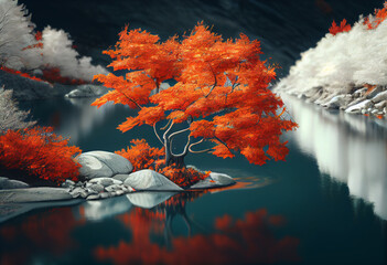 Poster - Beautiful photo forest tree and river. Generative AI technology.	
