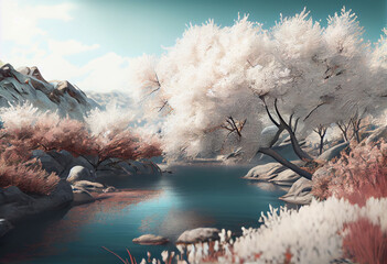 Poster - Beautiful photo forest tree and river. Generative AI technology.	
