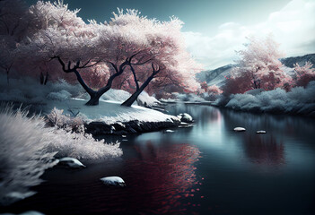 Poster - Beautiful photo forest tree and river. Generative AI technology.	
