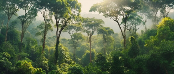 Earth Day concept with tropical forest backdrop, sight of a natural forestation being preserved with a canopy tree in the nature, and idea of sustainability and environmental renewable