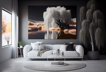 Poster - Beautiful photo forest tree and river. Generative AI technology.	

