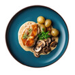 Chicken Fricassee On Blue Smooth Round Plate, French Dish. Generative AI