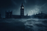 Fototapeta Fototapeta Londyn - Big Ben and Westminster in London submerged in floodwaters, stormy sky looming above, climate change and natural disaster,  Created with generative AI , Created with generative AI