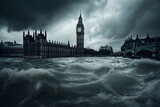 Fototapeta Londyn - Big Ben and Westminster in London submerged in floodwaters, stormy sky looming above, climate change and natural disaster,  Created with generative AI , Created with generative AI