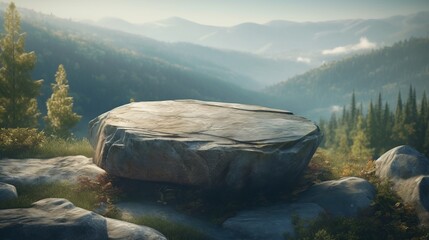 Flat small stone podium on rock platform. Product presentation mockup, mountains landscape. AI generated