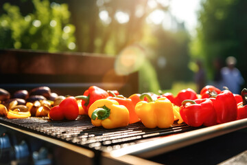 Sticker - Various vegetables are baked onbarbecue grill on grill, outdoors, selective focus. May holidays, of vegetarian vegetable barbecue