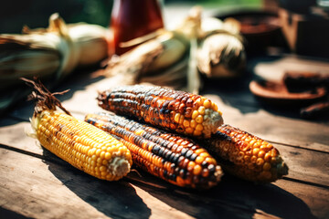 Wall Mural - Ripe corn is cooked on the grill, outdoors. May holidays concept of vegetarian barbecue, backyard party, summer holidays