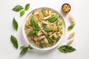 Canvas Print - Chicken fried rice, basil leaves, and other components, seen from above, on a white background. Generative AI