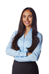 Corporate, portrait and woman arms crossed, smile and lady isolated against a transparent background. Face, female employee and consultant with confidence, happiness and pride with png and success