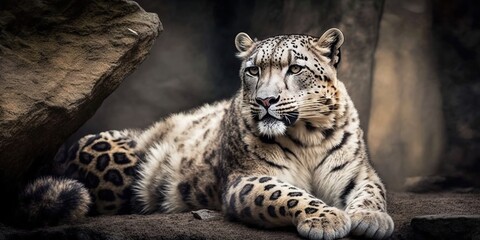 Wall Mural - An endangered snow leopard chills out in its natural environment. Captive wild animals. A stunning carnivore from Asia. It's just uncia uncia. Generative AI