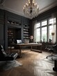 Luxurious classic office interior with beautiful wooden furniture, with big windows. Generative Ai