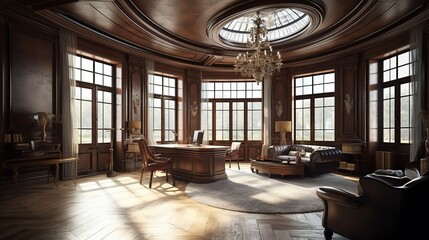 Sticker - Luxurious classic office interior with beautiful wooden furniture, with big windows. Generative Ai