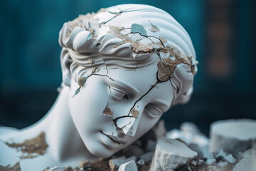 Wall Mural - Broken ancient greek statue woman head falling in pieces. Broken marble female sculpture, cracking bust, concept of depression, memory loss, mentality loss or illness. AI generated