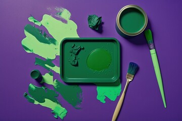 Wall Mural - green paint swatches against a violet backdrop, flat lay generative ai