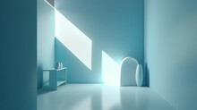 Light Soft Minimal Background Mockup For Product Presentation. Corner Of Room With Shadows From Different Angles Delicate Light Blue Color Generated AI