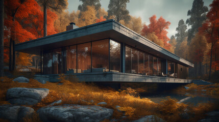 Wall Mural - 3D visualization of a modern private house in the forest. cozy home. generated by ai