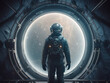 © AMK  - Spaceman in a spacesuit stands in front of spaceship circle window. Postproducted generative AI digital illustration.