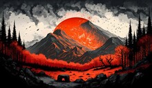 AI Generative Art - Beautiful Mountainside With Red Sun 