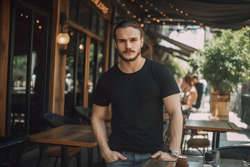 Young man wearing bella canvas black t shirt and jeans, at a cozy restaurant on summers day. Design tshirt template, print presentation mockup. Ai generated.