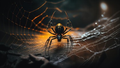 Black spider on web ambinetal background in nature generative ai