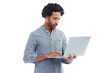 © Bharat/peopleimages.com - Man, laptop and typing on internet isolated on a transparent png background for it email or research. Confident black male or technician on a computer for connection, programming and data analytics