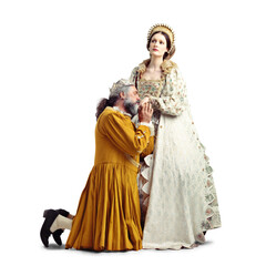 Queen, king and begging for forgiveness, love or empathy in royal marriage for theater, trust or culture by png background. Medieval couple, isolated man and woman ignore kiss on hand for compassion