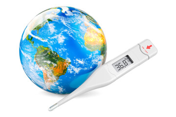 Wall Mural - Digital electronic thermometer with Earth Globe, 3D rendering