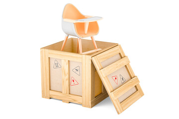 Wall Mural - Baby high chair inside wooden box, delivery concept. 3D rendering