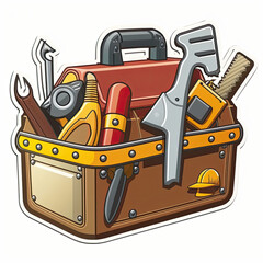 sticker, construction builder toolbox with tools, cartoon style, contour, vector, white background, AI generative