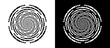 SOS Morse code in circles. Circle abstract background  with dynamic lines and dots in spiral. Black shape on a white background and the same white shape on the black side.