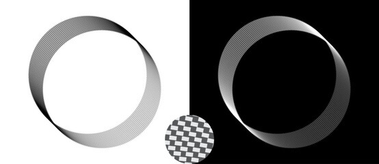 Circle abstract background  with rectangles. Black shape on a white background and the same white shape on the black side. Sample in center.