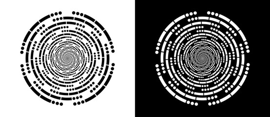 SOS Morse code in circles. Circle abstract background  with dynamic lines and dots in spiral. Black shape on a white background and the same white shape on the black side.