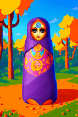 Russian Matryoshka doll walking in the nature , autumn forest in the background, generative AI