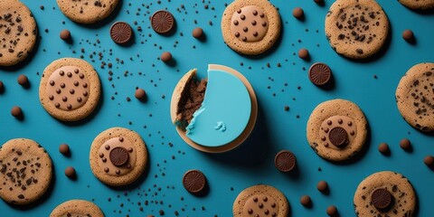 Wall Mural - Delicious chocolate chip cookies laid flat. Generative AI