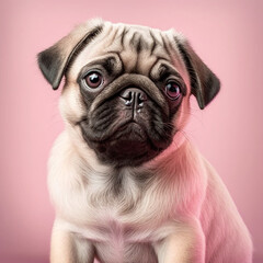 Wall Mural - Pug dog on a pink background. Generative AI.